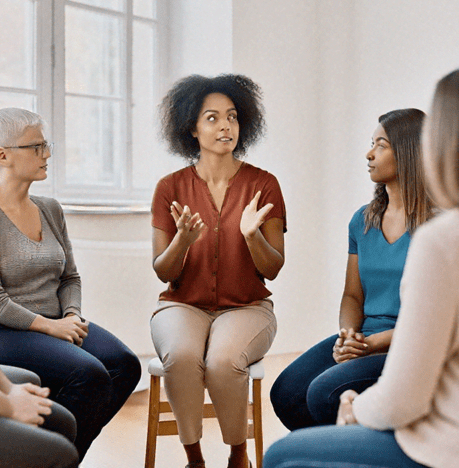 Illustration de la formation en premier secours en santé mentale. Des personnes dans un groupe de discussion, assis en cercle.